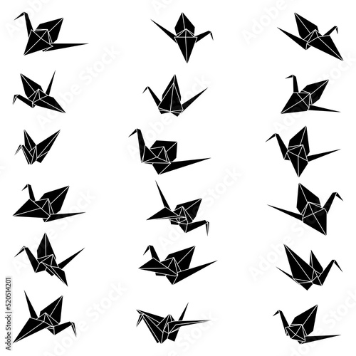Set of origami crane vector silhouette illustration icon isolated on white background. Japanese traditional origami crane for infographic, website or app. Geometric line shape for art of folded paper.
