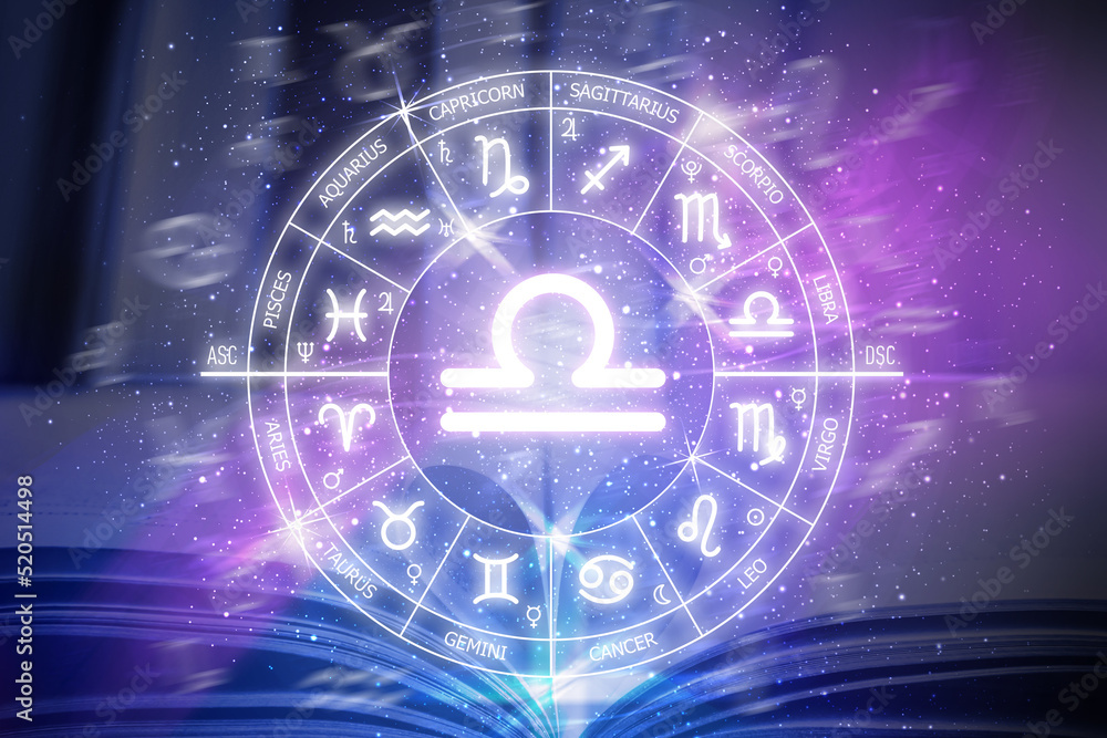 Libra zodiac sign. Libra icon on blue space background. Zodiac circle