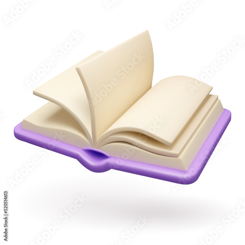 3d book icon. Vector render open handbook isolated on white background. Diary with blank pages, online education
