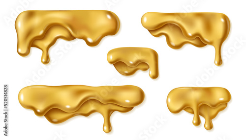 Set of liquid gold drop isolated on white background. Melted golden icing or oil drip collection. Realistic 3d horizontal leaking syrup dripping.