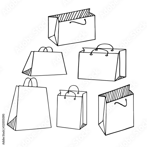 set package for shopping and gifts, mockup, outline illustration.