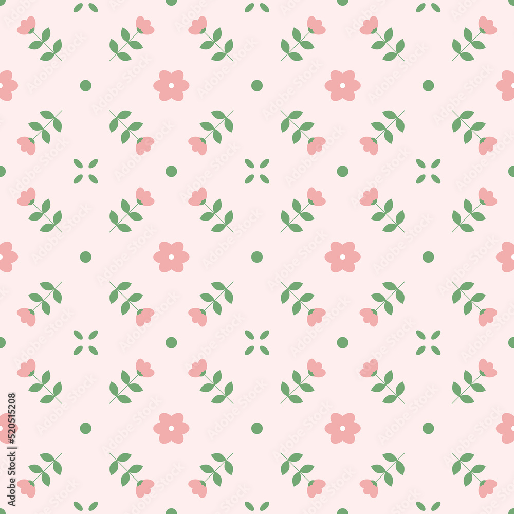 Seamless pattern of pink flowers and leaves.