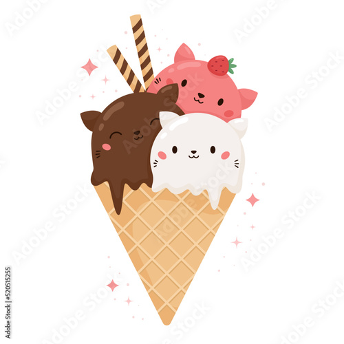 Kawaii cat ice cream with cookies and strawberry. Round kittens in the waffle cone. Cartoon food dessert bakery product. Vector illustration.