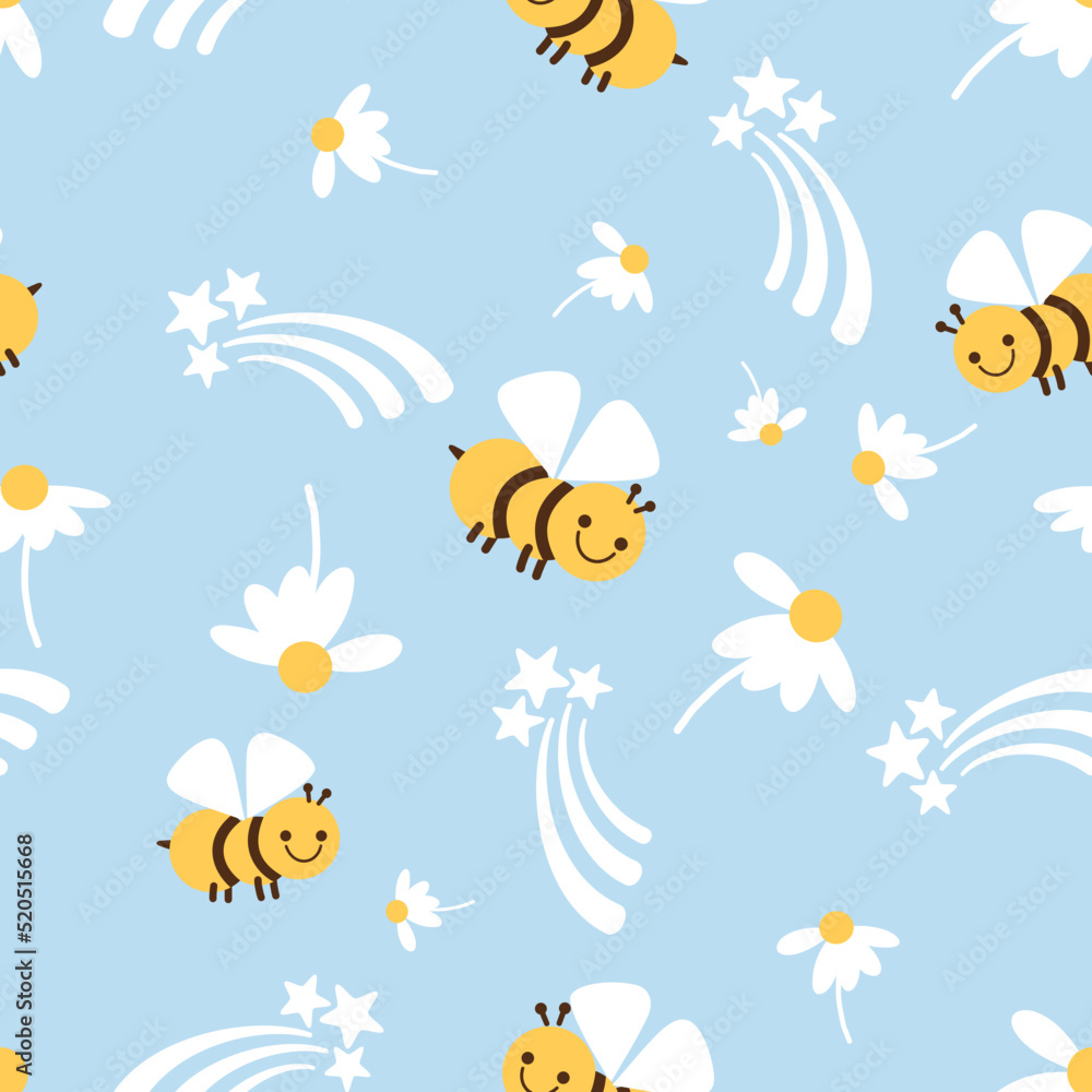 Seamless pattern with daisy flower, bee cartoons and stars on blue background vector. Cute childish print.