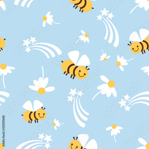 Seamless pattern with daisy flower, bee cartoons and stars on blue background vector. Cute childish print.