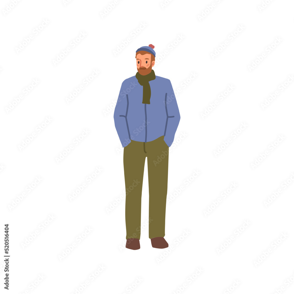 Man in fashion winter cloth isolated cartoon character. Modern caucasian male in hat and scarf, casual jacket standing, full length portrait vector illustration Man in fashion winter cloth isolated cartoon character. Modern caucasian male in hat and scarf, casual jacket standing, full length portrait vector illustration
