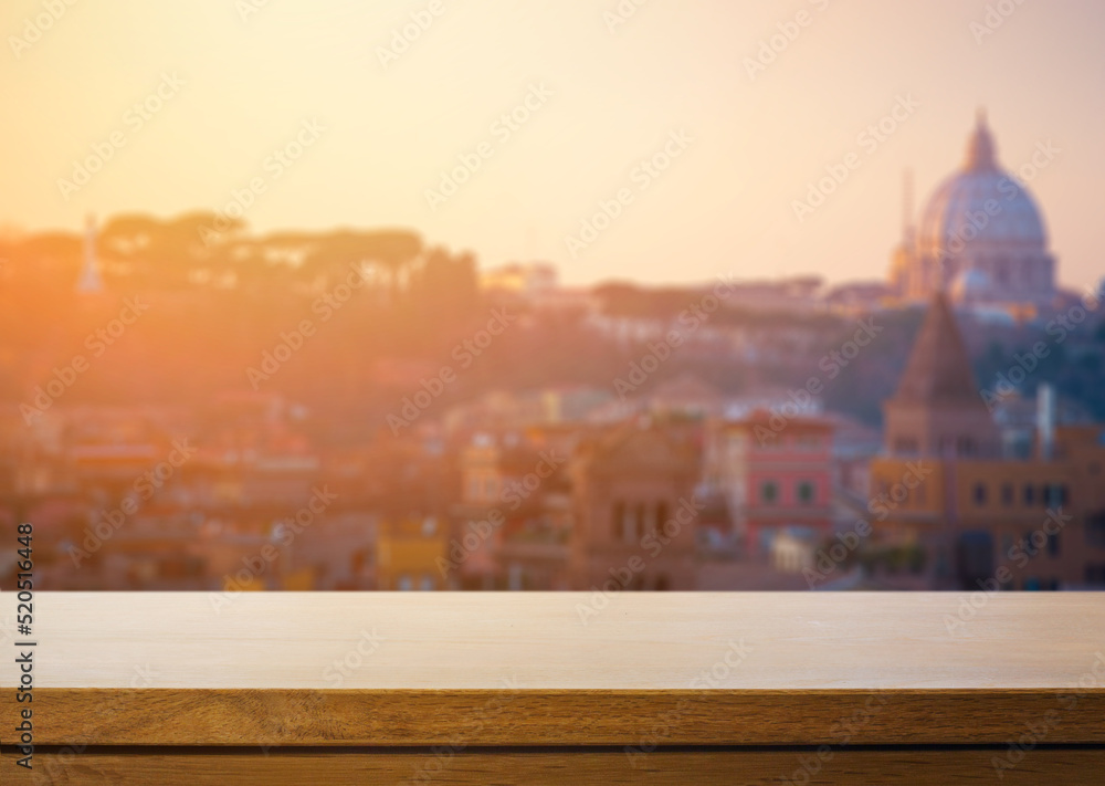 Art Empty wooden deck table over blurred italian landscape background.
