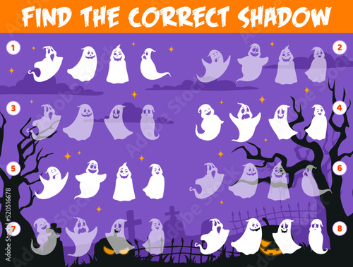Shadow matching game, Halloween ghosts on cemetery, vector kids puzzle. Find correct shadow or silhouette search riddle with funny cartoon Halloween ghoul ghosts and poltergeists on graveyard