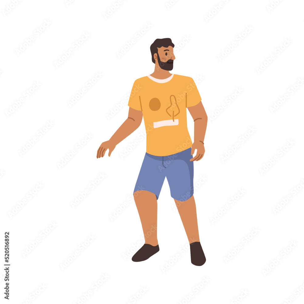 Bearded man in summer cloth isolated flat cartoon character. Vector handsome guy in yellow t-shirt and blue shorts, father on walk. Stylish dad on vacation