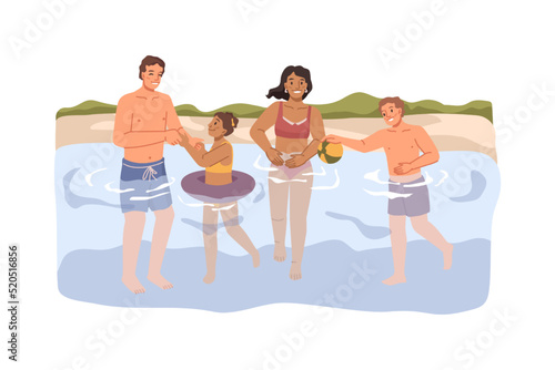 Parents and kids swim together in river, flat cartoon characters play outdoors. Vector illustration of bathing people on summer holidays, happy family swimming in water