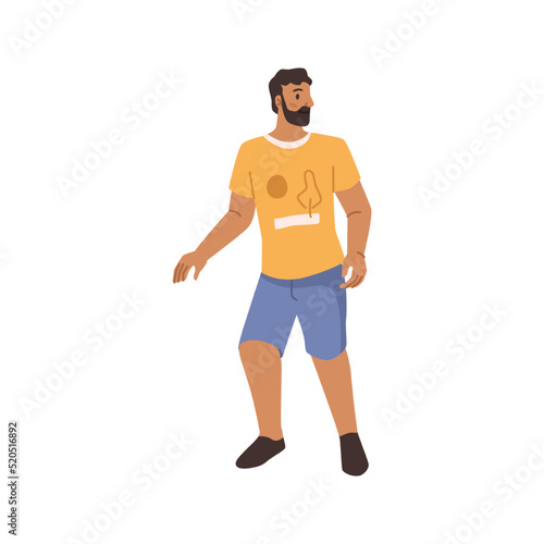 Bearded man in summer cloth isolated flat cartoon character. Vector handsome guy in yellow t-shirt and blue shorts, father on walk. Stylish dad on vacation