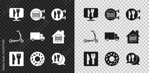 Set Cafe and restaurant location, Online ordering burger delivery, Donut, Scooter and Fast by car icon. Vector