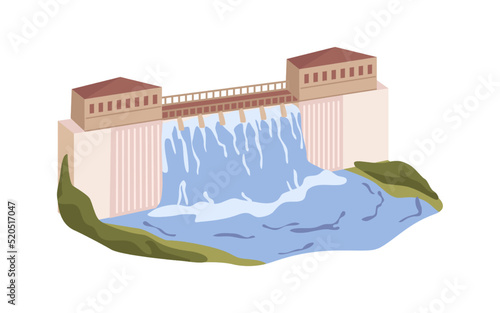 Alternative source or energy, renewable hydropower of hydroelectric power plant. Isolated dam with water, environmental care. Flat cartoon, vector in flat style