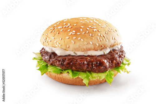 Delicious Beef Burger consists of Bun Bread, Patty, Pickle, Onion, Mayonnaise in white background
