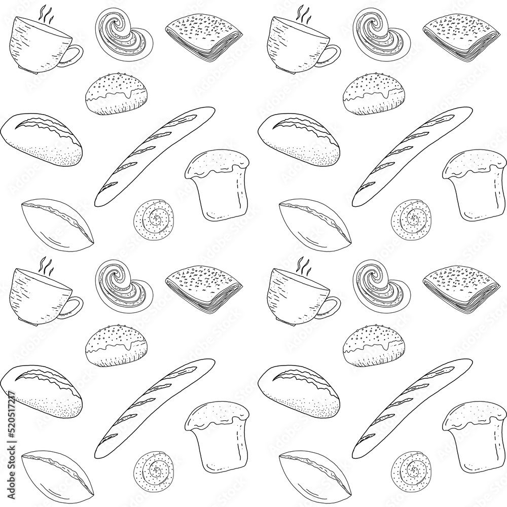 Seamless pattern of bakery products, baguettes and confectionery, contour drawing, hand-drawn, black outline on a white background, flat illustration, endless pattern, for printing on fabric Seamless pattern of bakery products, baguettes and confectionery, contour drawing, hand-drawn, black outline on a white background, flat illustration, endless pattern, for printing on fabric
