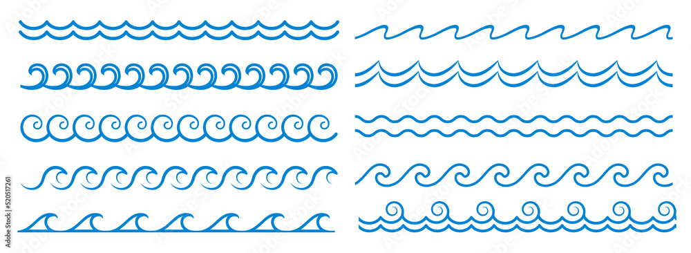 Sea wave line, blue water pattern borders and frames, vector ocean surf ripples. Wave and wavy line separators with tide ripples, zigzag curves and curls, linear boarders and frames or borders - obrazy, fototapety, plakaty 