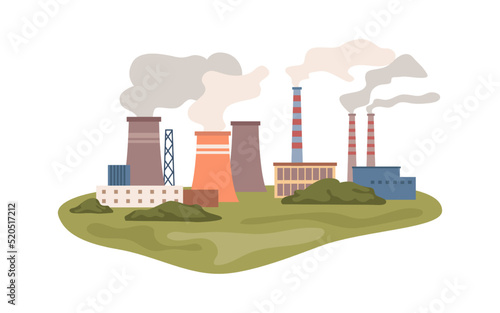 Power plant with smog and smoke from pipes, air pollution concept. Flat cartoon, vector in flat style of industrial nuclear station producing energy and electricity. Factory or manufacturer