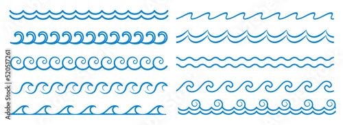 Sea wave line, blue water pattern borders and frames, vector ocean surf ripples. Wave and wavy line separators with tide ripples, zigzag curves and curls, linear boarders and frames or borders