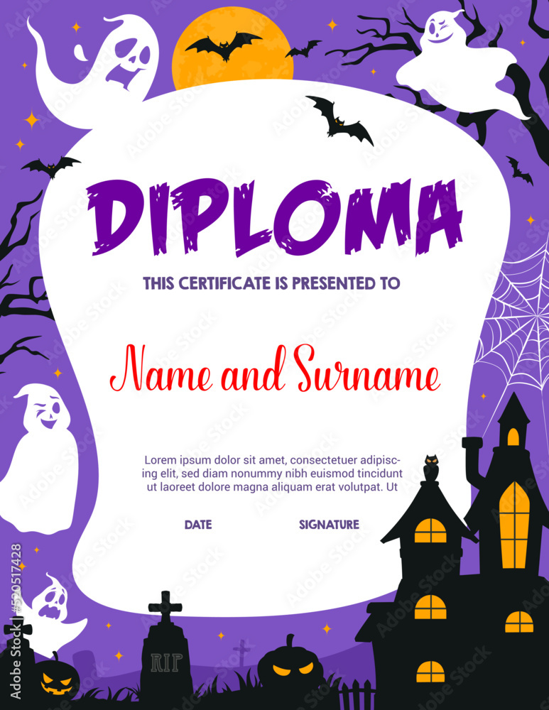 Kids diploma, Halloween ghosts on cemetery, education certificate, vector appreciation award. School or kindergarten classes diploma with funny Halloween cartoon horror ghosts and pumpkin lanterns