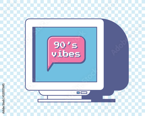 Cute vintage retro computer monitor with a speech bubble on screen. Words - 90s vibes. Nostalgic aesthetics of an old computer. Vector illustration on a blue checkered background