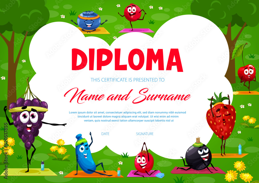 Kids diploma cartoon berry characters on yoga fitness. Vector ...