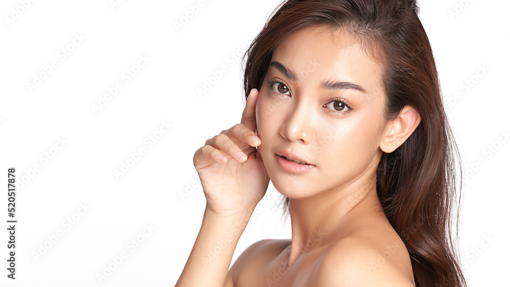 Beautiful young asian woman with clean fresh skin on white background, Face care, Facial treatment, Cosmetology, beauty and spa, Asian women portrait.