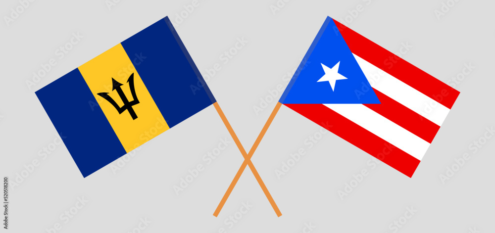 Crossed flags of Barbados and Puerto Rico. Official colors. Correct proportion