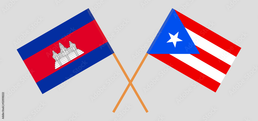 Crossed flags of Cambodia and Puerto Rico. Official colors. Correct proportion
