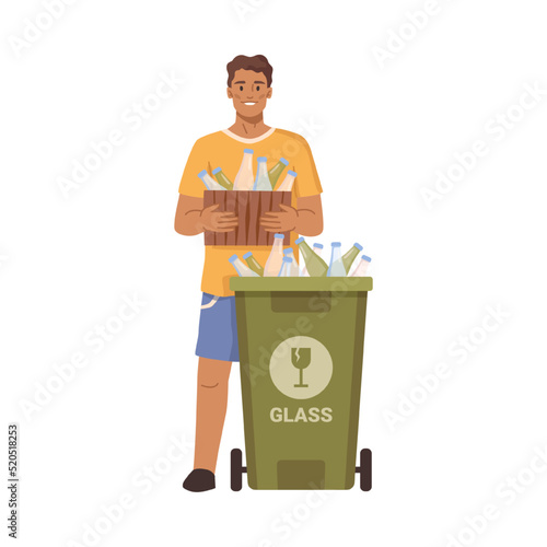 Male character throwing glass bottles in recycling container. Sorting garbage and rubbish, environmentally and ecologically friendly. Flat cartoon, vector in flat style