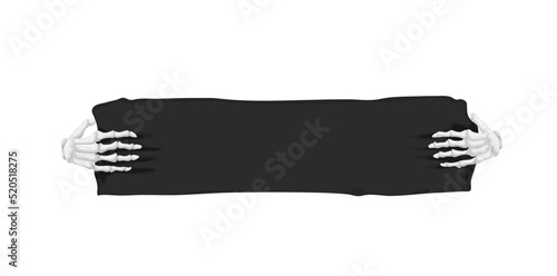 Bones of skeleton or zombie hands with black banners or tombstone stone plate in arms isolated cartoon creepy Halloween monster grabs. Vector dead human fingers with talons holding gravestone