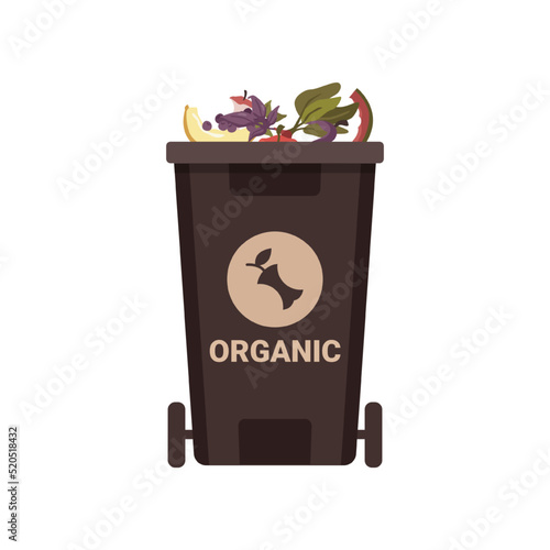 Container with organic trash on white background. Ecology and recycle concept. Vector Illustration of container for sorting natural garbage, food and compost wastes