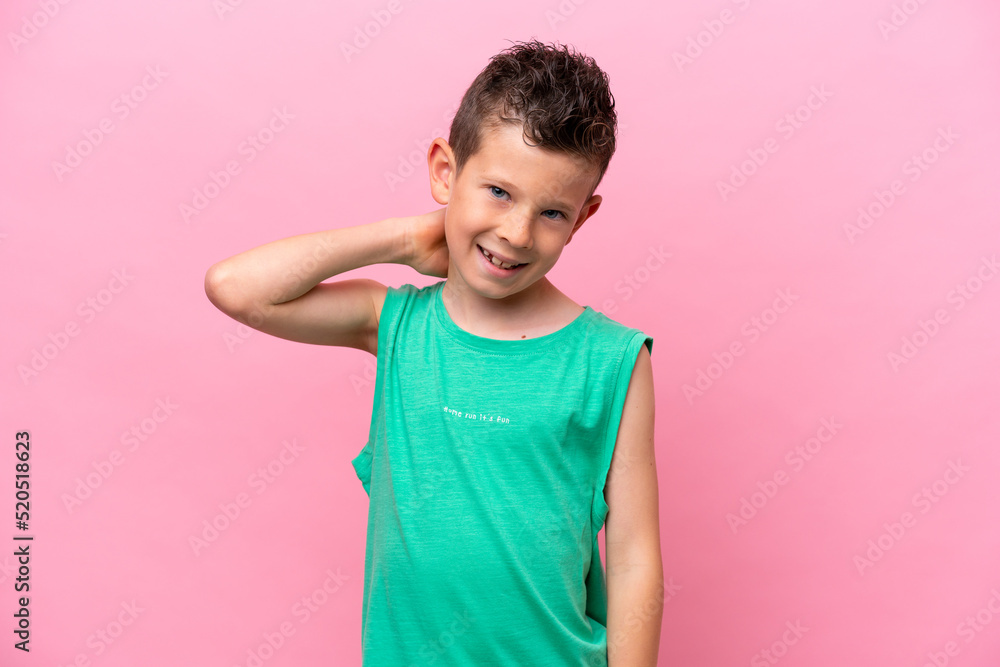 Little caucasian boy isolated on pink background laughing Little caucasian boy isolated on pink background laughing