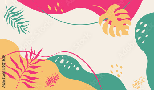 Leaves of tropical flowers in warm shades. Background from tropical plants and the sea. Travel and vacation concept.