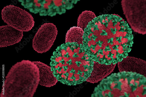 Monkeypox virus with coronavirus 3d rendering illustration, medical background COVID and monkey pox photo