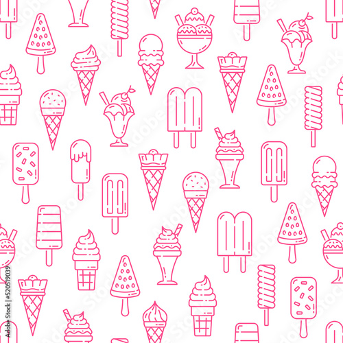 Ice cream frozen sundae, scoop and cone seamless pattern. Frozen dessert and parlour sweets background, fruit ice cream outline vector seamless pattern. Wrapping paper decor with sorbet and popsicle