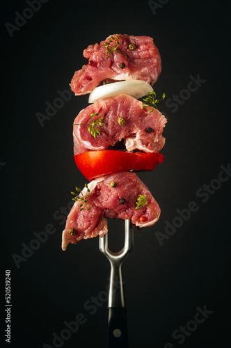 Raw lamb meat with spices and vegetables on a fork. Picnic barbecue cooking concept