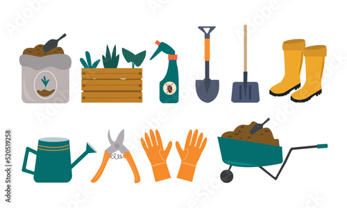 Vector illustration of gardening elements. Gardening and farming tools, equipments and plants.