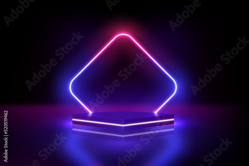 Neon podium, realistic 3d pedestal with illuminate horizontal lamp of blue and pink colors. Vector rendering product display presentation. Futuristic minimal scene with rhombus frame