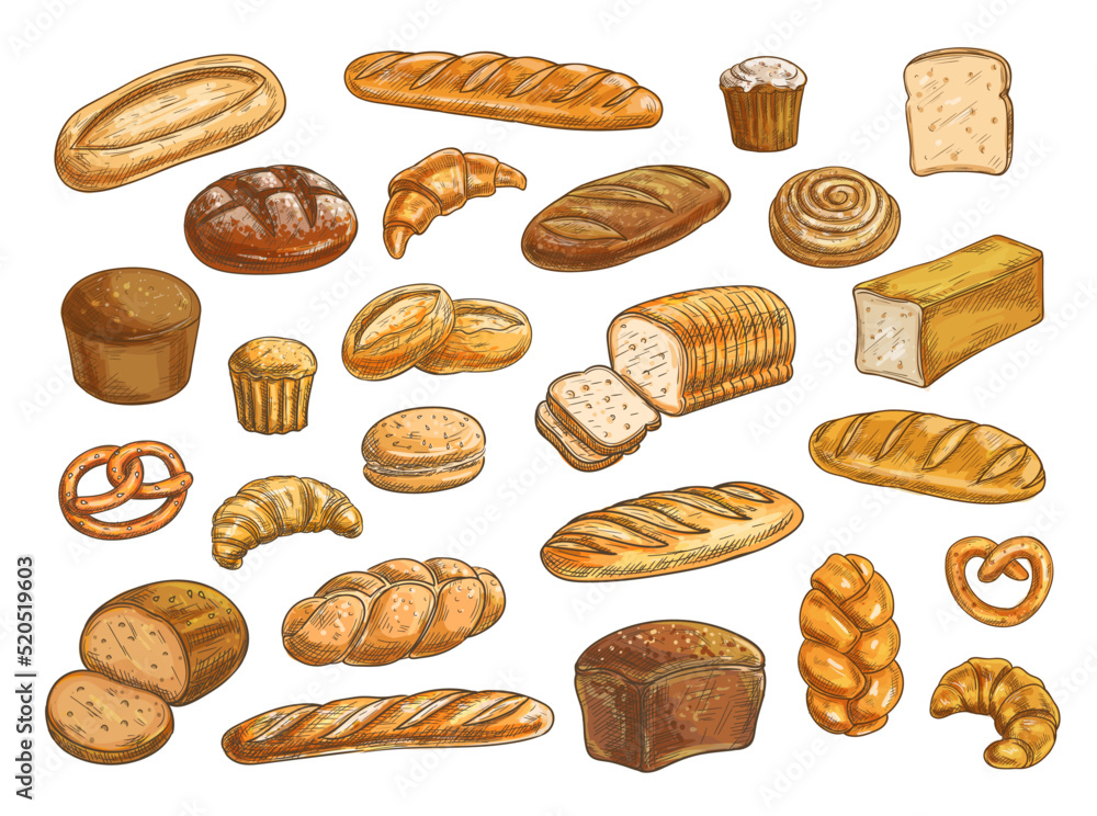 Bread, bakery sketch and pastry, baked food vector icons. Bakery bread ...