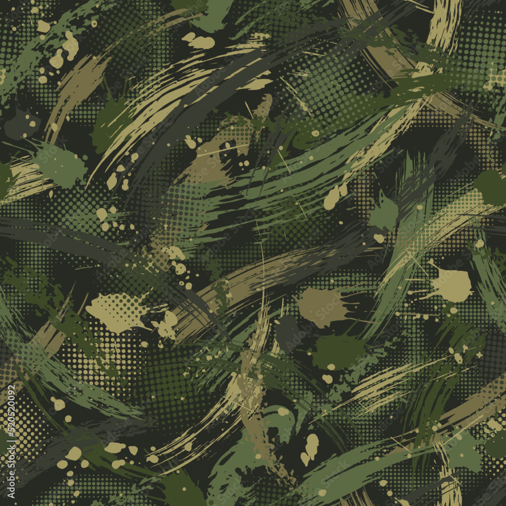 Seamless green camouflage pattern with paint brush strokes, blots, halftone, spatters Dense random chaotic composition. Good for apparel, fabric, textile, sport goods Grunge texture for surface design