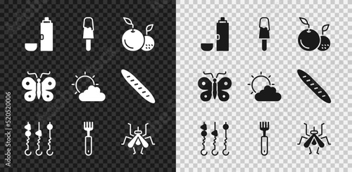 Set Thermos container, Ice cream, Fruit, Grilled shish kebab skewer, Fork, Mosquito, Butterfly and Sun and cloud weather icon. Vector