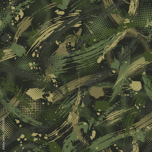 Seamless green camouflage pattern with paint brush strokes, blots, halftone, spatters Dense random chaotic composition. Good for apparel, fabric, textile, sport goods Grunge texture for surface design