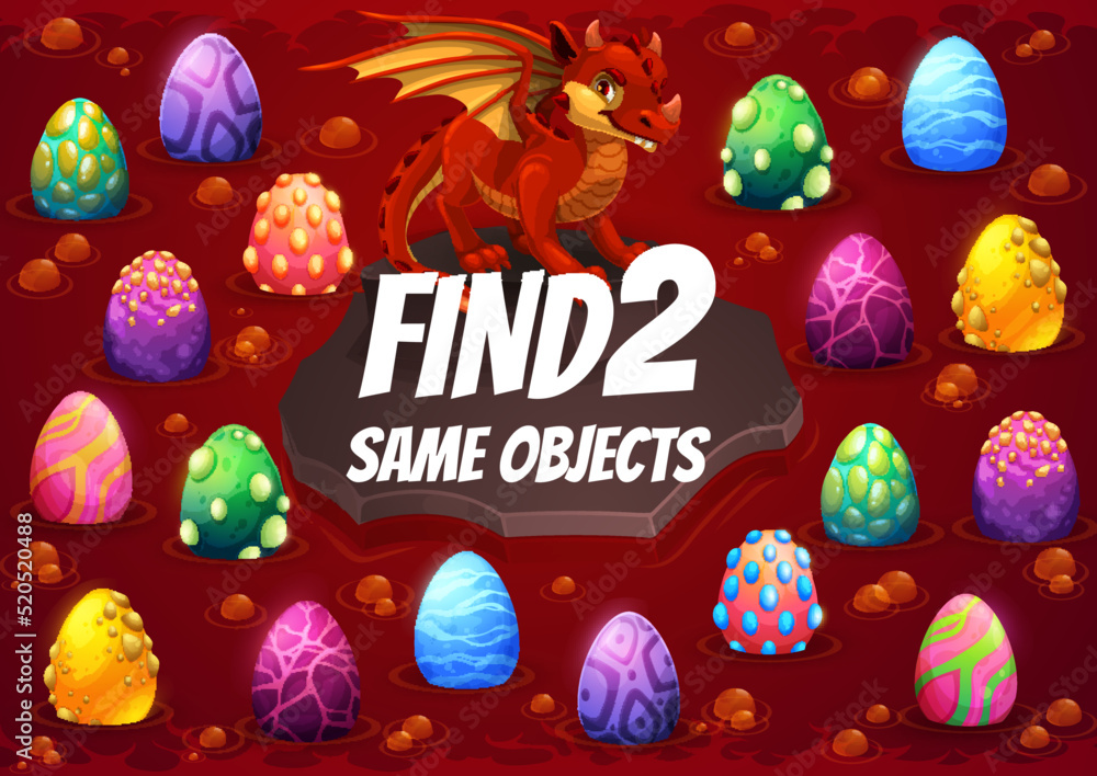 Find two same dragon eggs, cartoon red dragon with eggs in cave kids