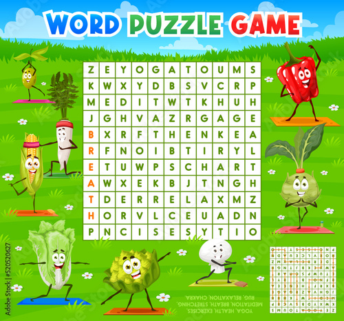 Cartoon vegetables on yoga fitness, word search puzzle game worksheet, vector quiz. Search and find word grid riddle with cartoon corn, pepper, kohlrabi cabbage and mushroom in sport activity