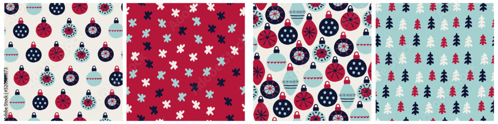 Seamless patterns set. Hand drawn baubles decorated with patterns in Scandinavian style on light blue background. Christmas, New Year, winter holidays concept. For wrapping paper Seamless patterns set. Hand drawn baubles decorated with patterns in Scandinavian style on light blue background. Christmas, New Year, winter holidays concept. For wrapping paper