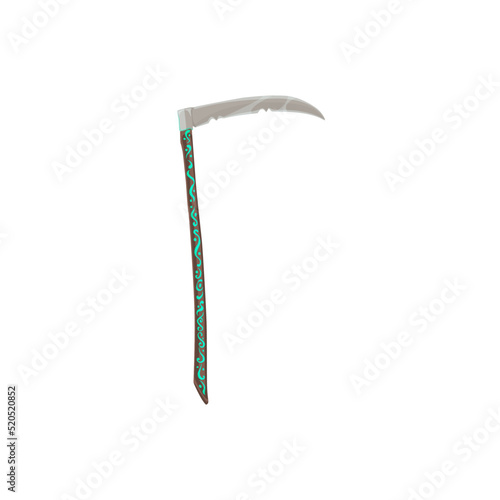 Halloween scythe, grim reaper tool with esoteric mystical glowing signs and sharp blade. Vector single object, symbol of death, isolated magic weapon, fantasy or rpg game ui design element