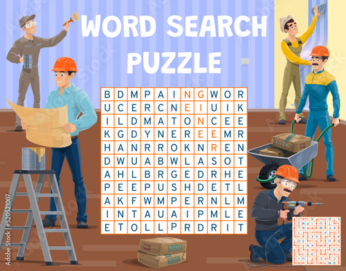 Foreman and workers. Word search puzzle game worksheet. Educational text riddle with words finding task, kids vector vocabulary quiz with construction builder, engineer and wall painter characters