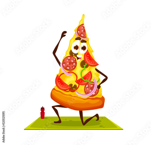 Cartoon funny pizza slice character on yoga fitness. Funny takeaway meal personage doing squats on fitness mat. Comical salami pizza piece vector character or isolated cute fast food personage