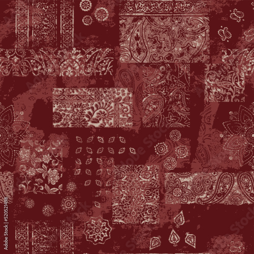 Grunge floral paisley eastern elements patchwork abstract vector seamless pattern