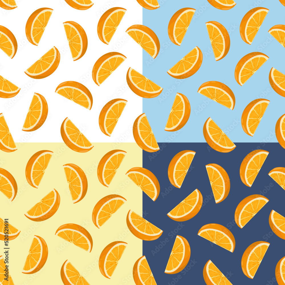 Set of seamless patterns with slices of orange. Slices of orange. Ornament for decoration and printing on fabric. Design element. Vector Set of seamless patterns with slices of orange. Slices of orange. Ornament for decoration and printing on fabric. Design element. Vector